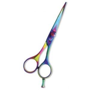 Rainbow titanium-coated professional hair cutting scissors with ultra-sharp stainless steel blades, perfect for barbers and hairstylists.