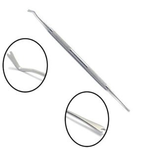 Double-ended stainless steel ligature tucker for orthodontic ligature placement and tucking.