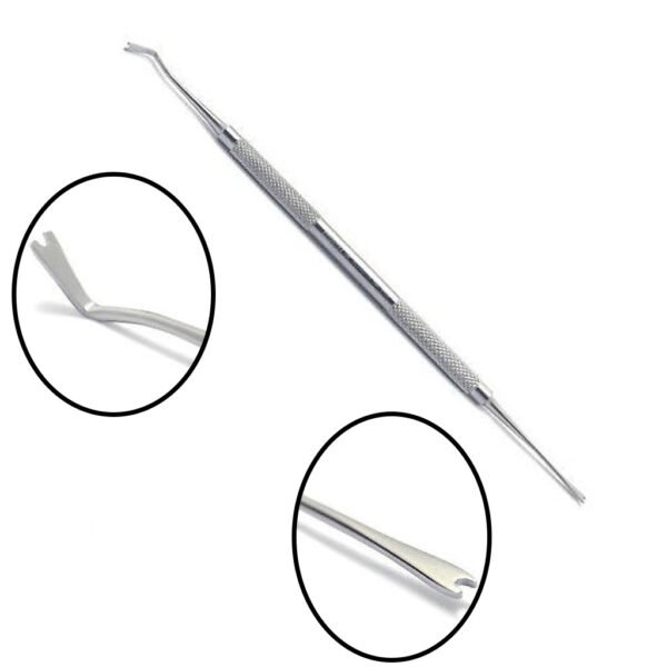 Double-ended stainless steel ligature tucker for orthodontic ligature placement and tucking.