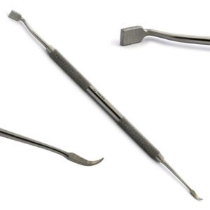 Dual-ended stainless steel dental scaler with band seater used in orthodontic procedures.
